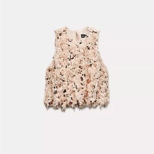 Zara Beige Sequin Feather Top